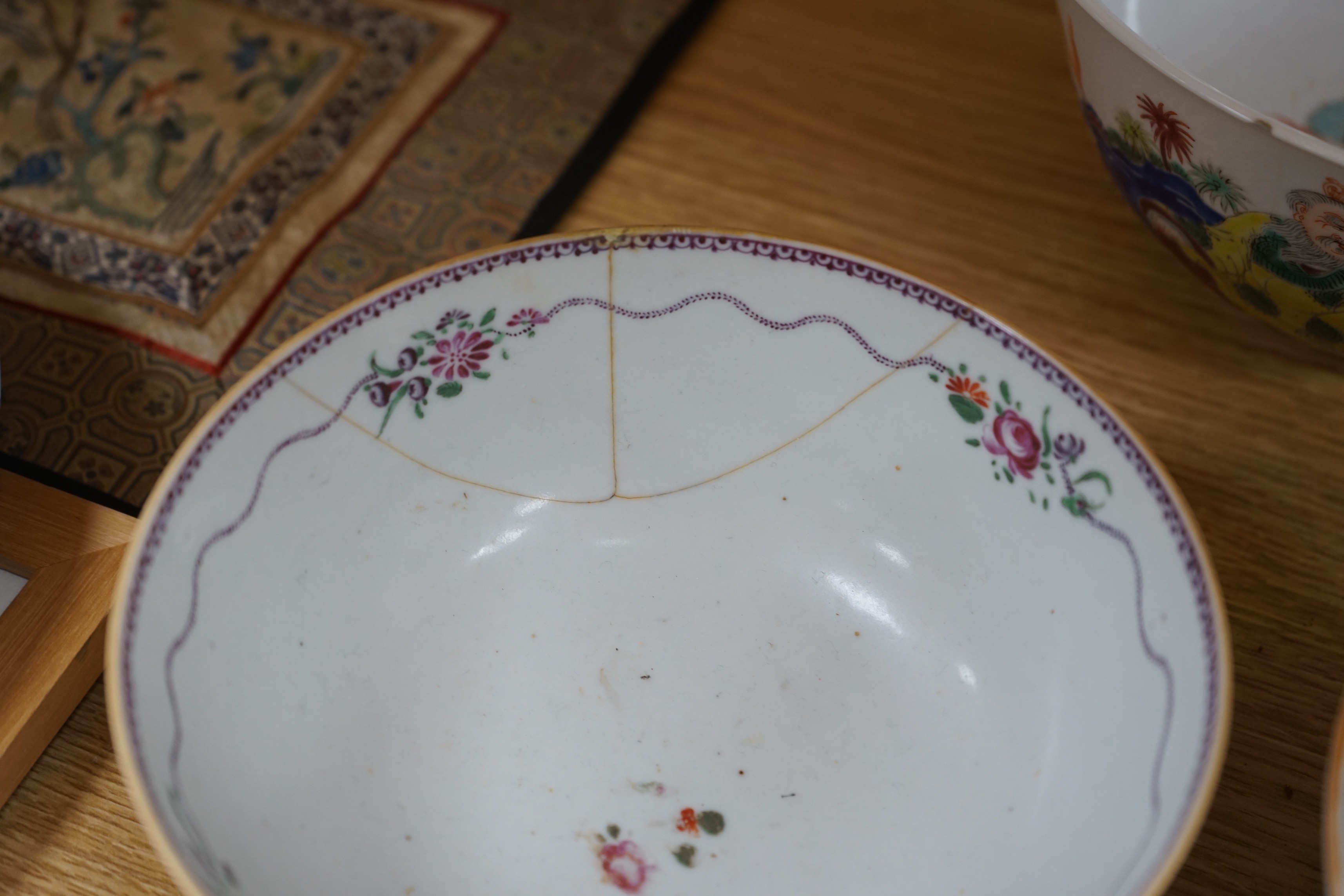 A group of 18th century and later Chinese enamelled and blue and white porcelain dishes and three bowls, Largest dish 35.5 cm diameter